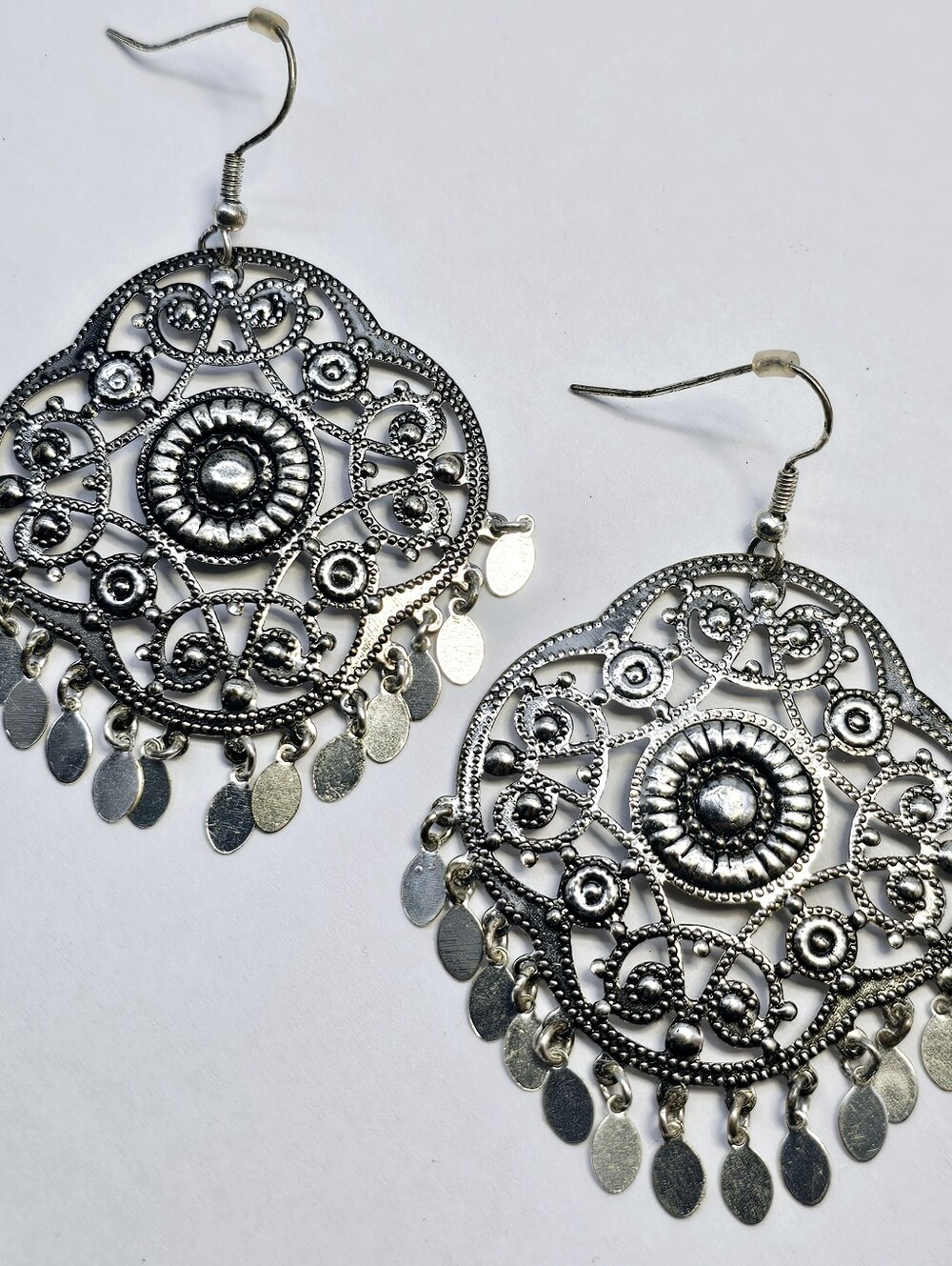 Intricate Filigree Silver-Tone Dangle Charm Earrings - Boho Chic Big Huge Large
